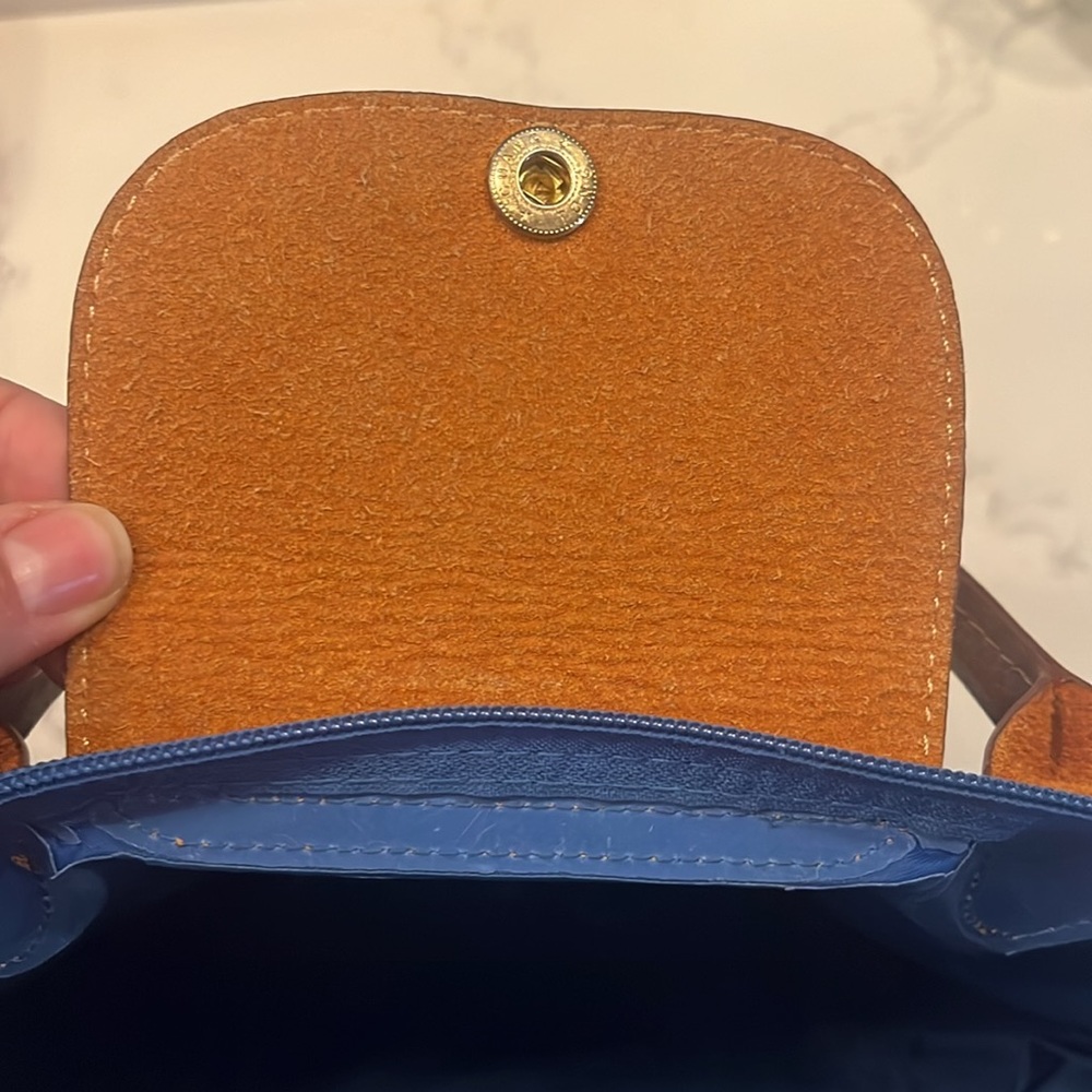 Small Longchamp Blue/Brown Nylon and Leather Le Pliage Tote - Picture 11 of 12